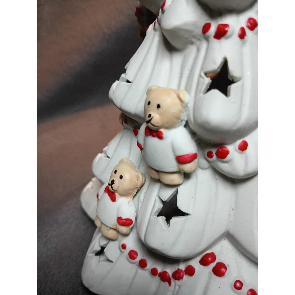 Vintage White Porcelain Lighted Christmas Tree Teddy Bears 9